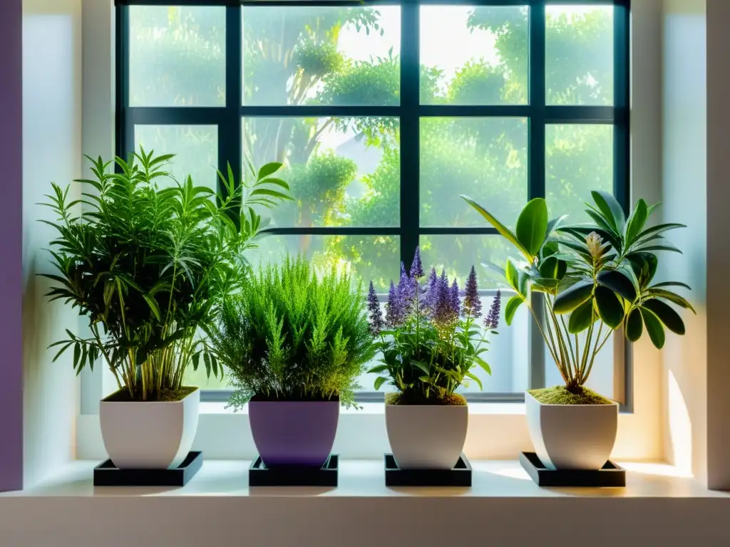 Un espacio interior sereno con plantas de interior para aromaterapia, creando una atmósfera de tranquilidad y belleza natural