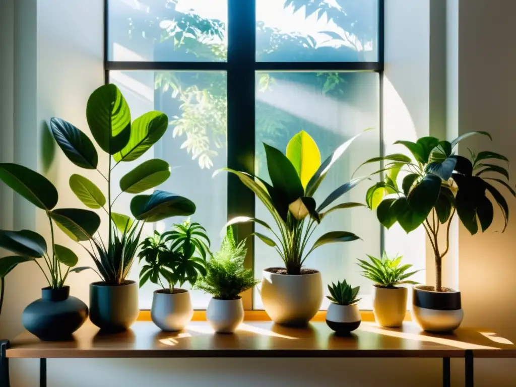 Espacio interior sereno con plantas de interior de crecimiento lento en modernas macetas, bañado por la suave luz del sol