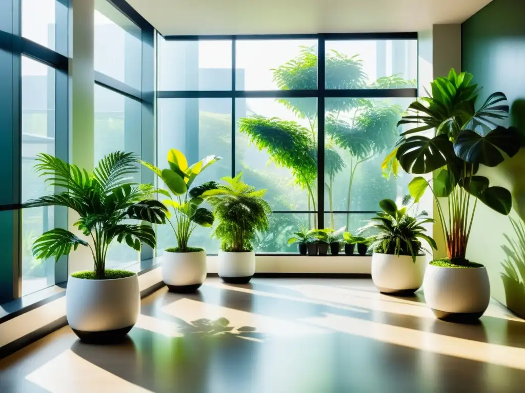 Un espacio interior sereno con plantas de interior purifican aire en modernos soportes