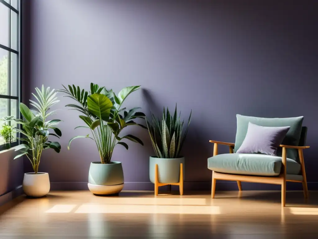 Un espacio interior sereno con plantas de interior para aromaterapia, inundado de luz natural y ambiente tranquilo