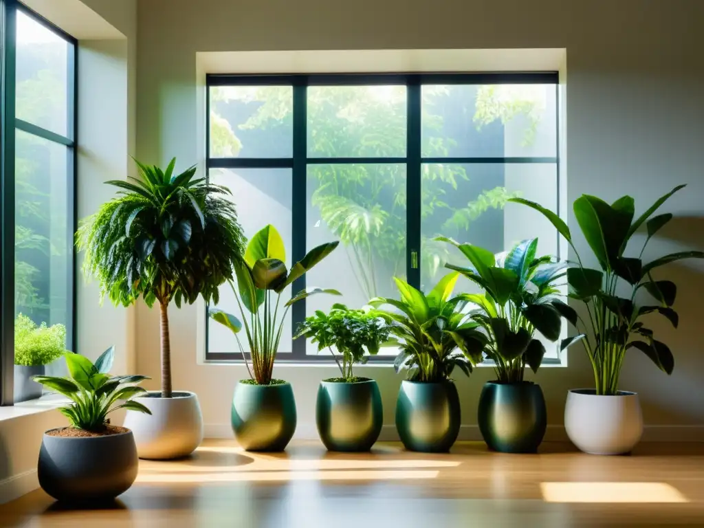 Una fotografía de un espacio interior sereno, con plantas de interior en macetas modernas y mucha luz natural