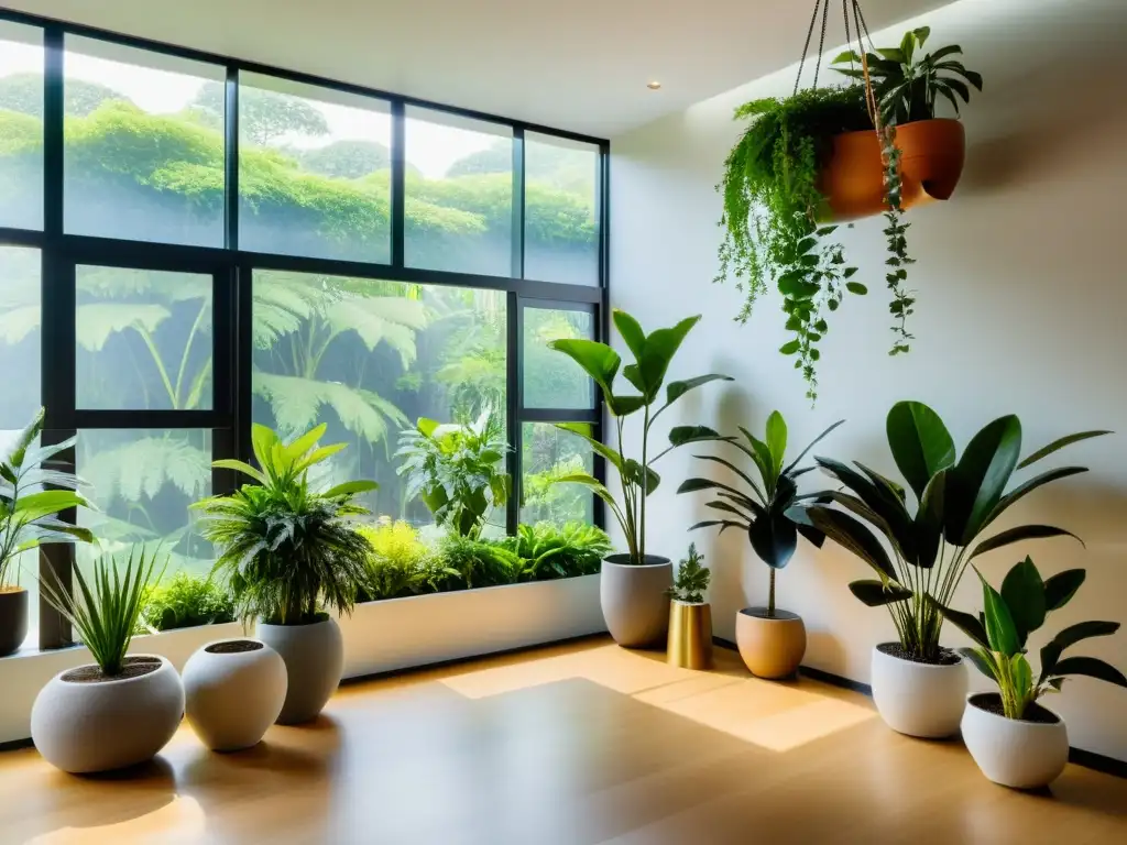 Un espacio interior sereno con plantas de interior equilibrio humedad, bañado en luz natural y vibrante vegetación