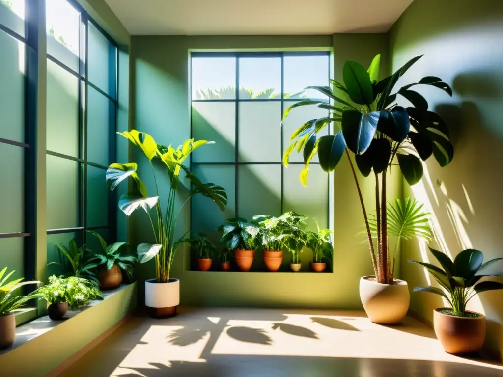 Un espacio interior sereno con plantas de interior que reducen ruido, creando una atmósfera de paz y tranquilidad