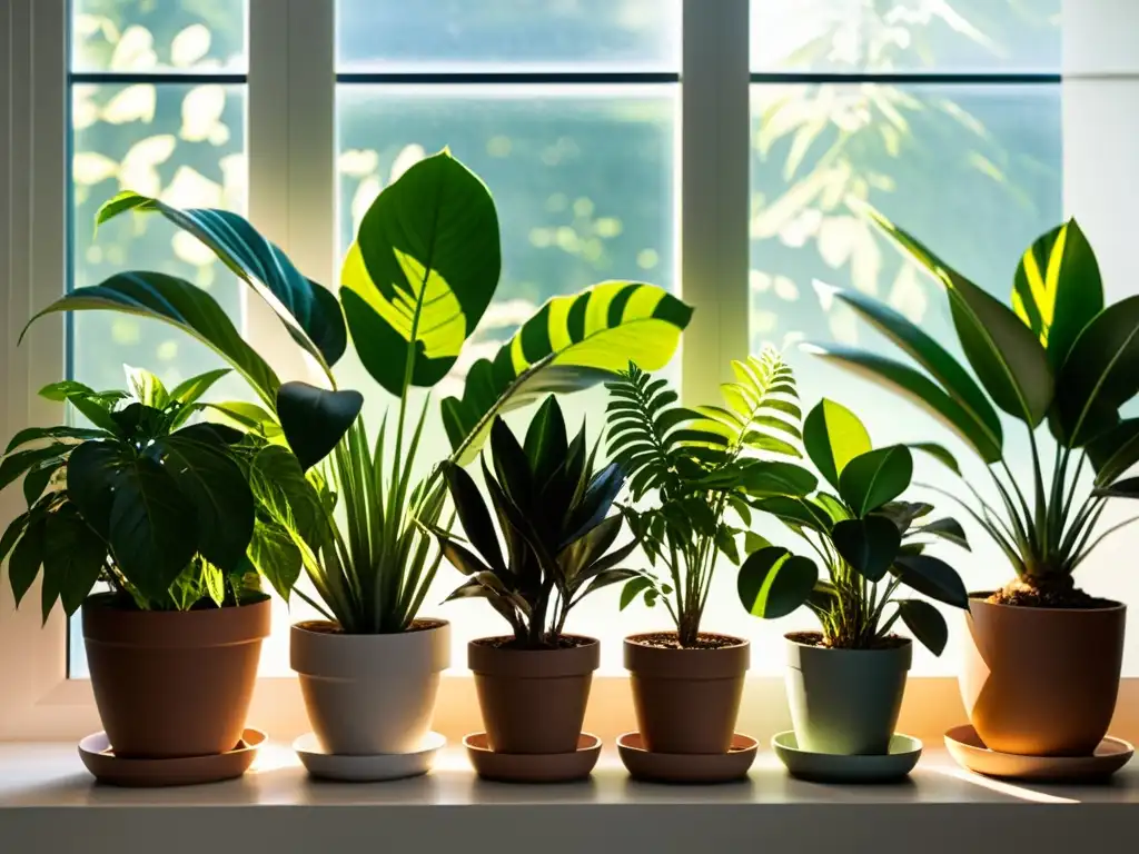 Un espacio interior sereno y soleado con exuberantes plantas de interior en un elegante entorno minimalista