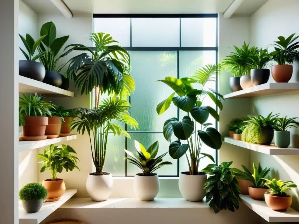 Un espacio interior sereno y soleado lleno de exuberantes plantas de interior, que aportan beneficios de aire fresco y tranquilidad