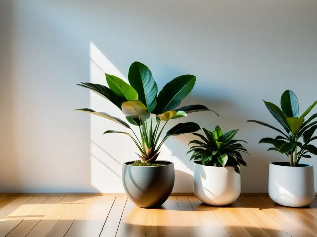 Espacio interior sereno con ubicación estratégica de plantas Feng Shui, generando armonía y tranquilidad