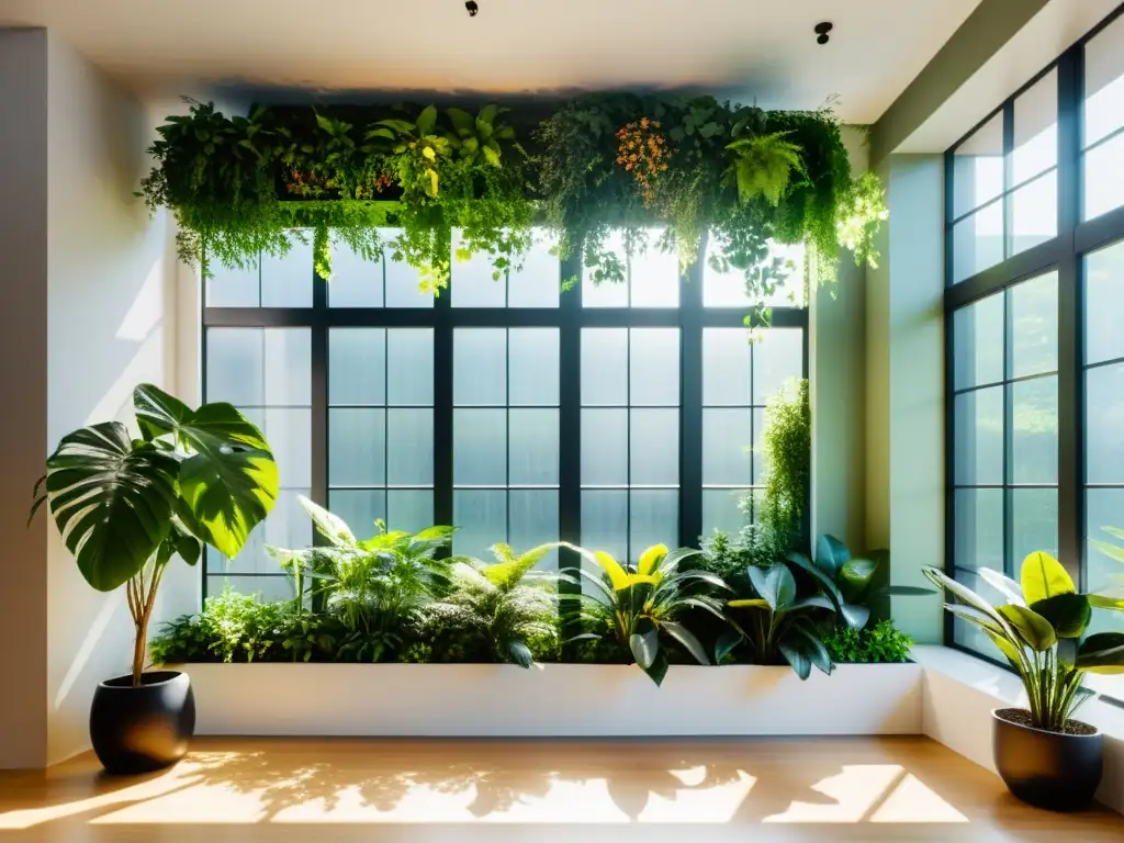 Un espacio interior soleado, con vegetación exuberante, diseño biófilo para interiores