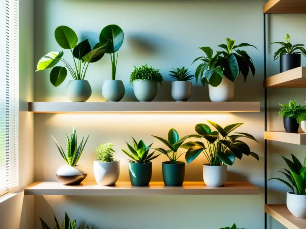 Espacio interior soleado con plantas verdes en estantes modernos