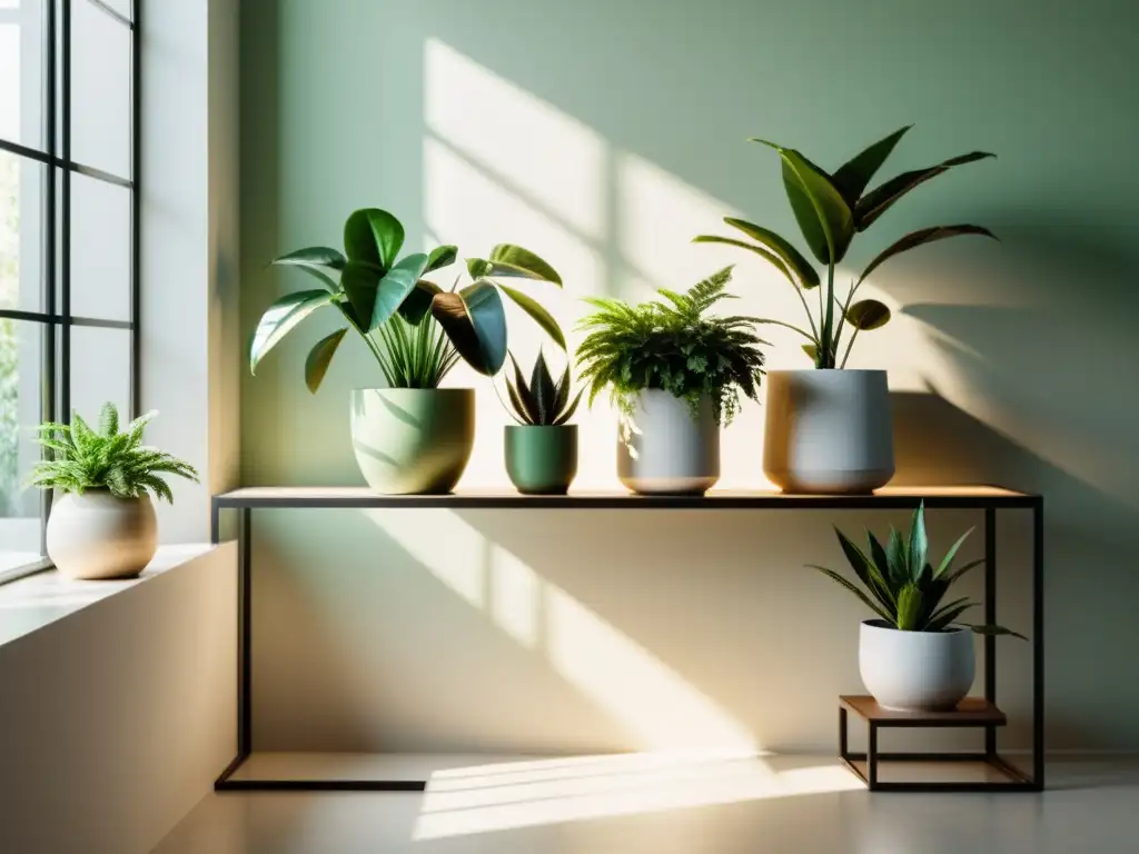 Espacio interior soleado con plantas de interior para purificar aire, creando una atmósfera serena y minimalista