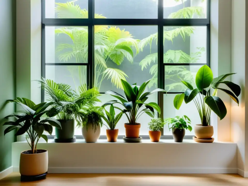 Un espacio interior tranquilo y bien iluminado con plantas de interior para dormir mejor, creando un ambiente sereno y relajante