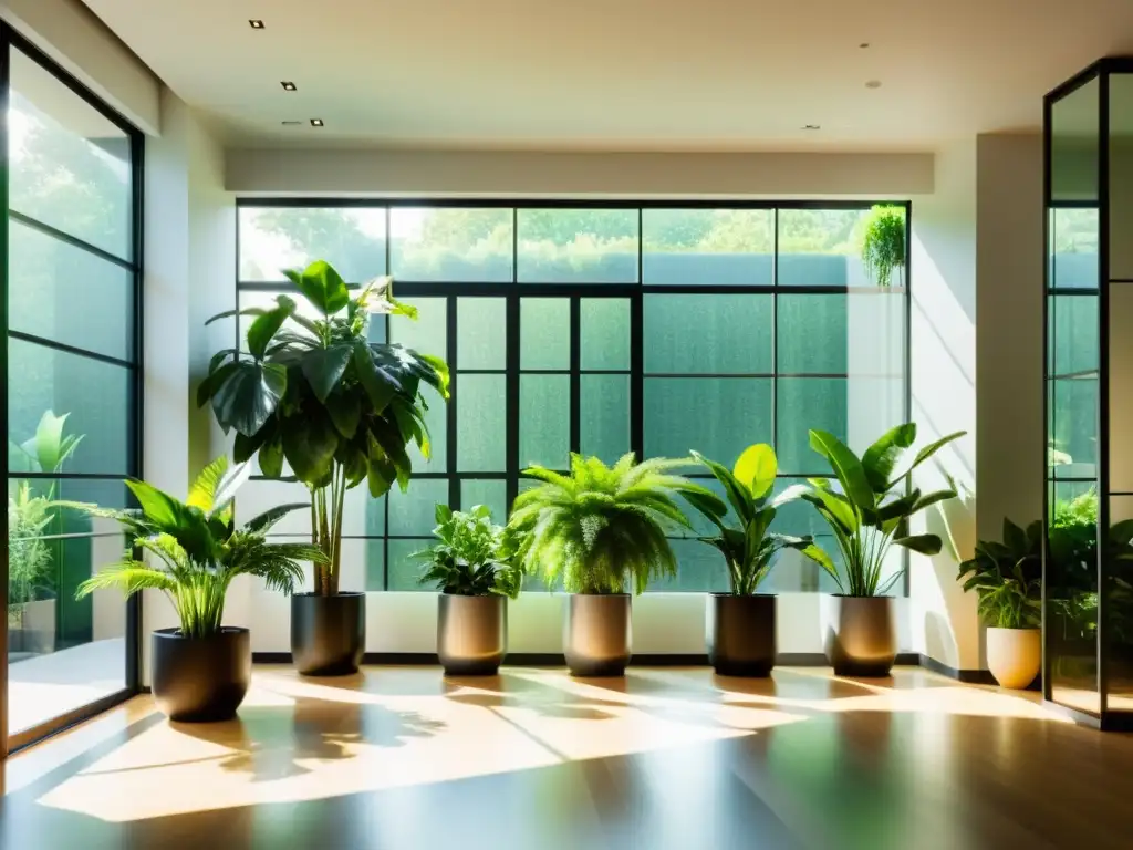 Un espacio interior tranquilo y luminoso con plantas de interior exuberantes en elegantes macetas