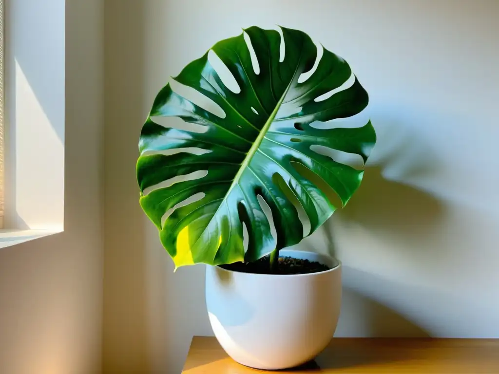 Un espacio interior tranquilo y minimalista con una exuberante planta de monstera en maceta blanca