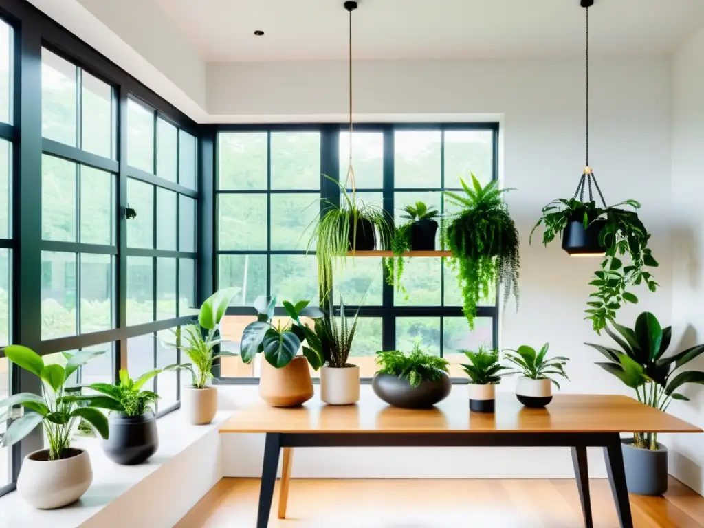 Espacio interior tranquilo con plantas de interior, destacando los beneficios de las plantas de interior