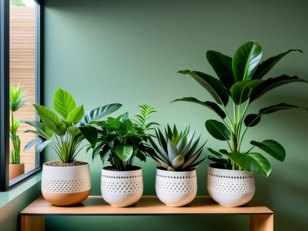 Un espacio interior tranquilo con plantas de crecimiento lento en macetas modernas, evocando calma y serenidad