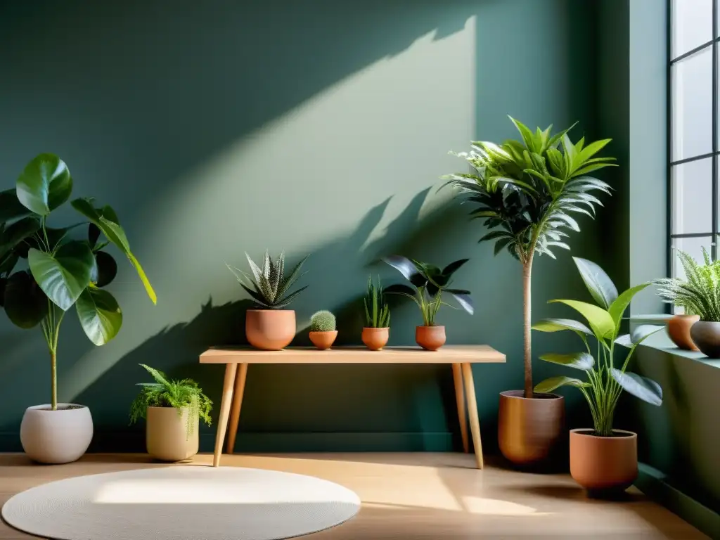 Espacio interior tranquilo con plantas de interior de crecimiento lento, iluminado por luz natural suave y decoración minimalista