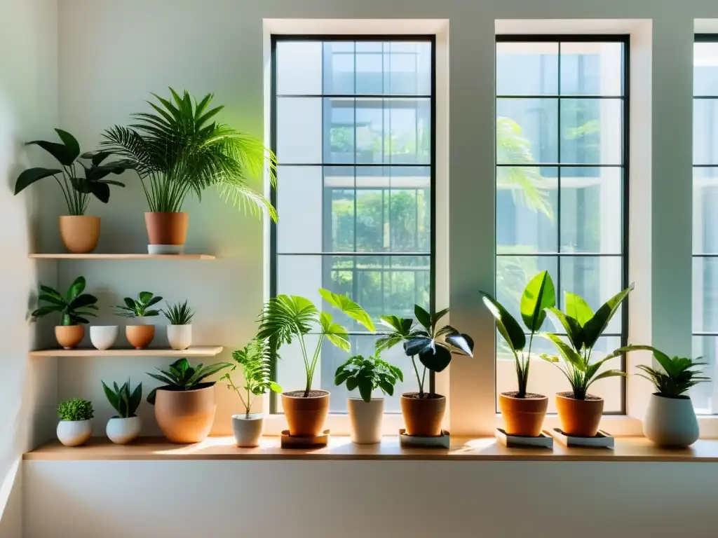 Espacio luminoso con estanterías modernas llenas de plantas, creando un jardín interior sereno y acogedor