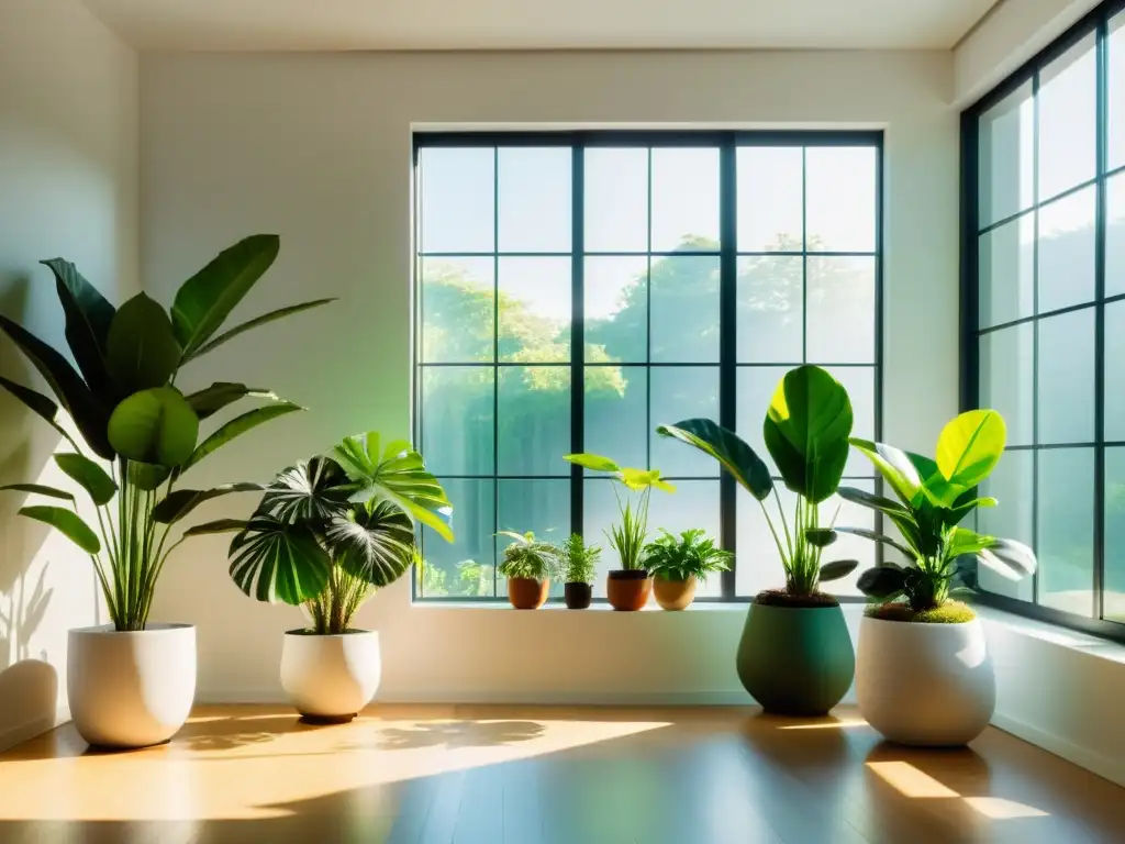 Un espacio luminoso con plantas exuberantes en macetas elegantes, ideal para la meditación activa y el cuidado de plantas en interiores