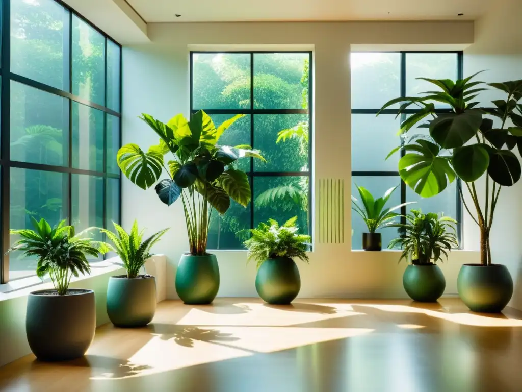 Espacio luminoso con plantas de interior purificadoras de aire, creando armonía y serenidad