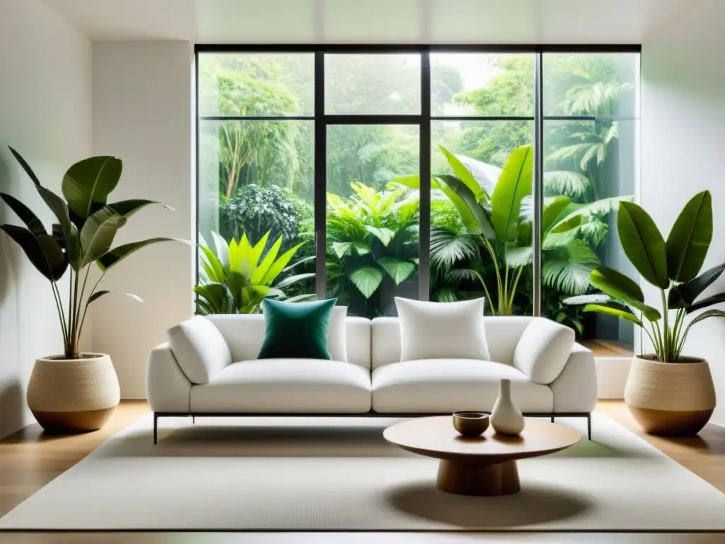 Espacio minimalista con sofá blanco y plantas tropicales para interiores nórdicos en elegantes macetas, creando atmósfera serena y acogedora