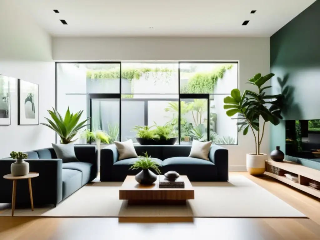 Espacio minimalista con combinaciones de plantas de interior diseño, inundado de luz natural a través de gran ventana de piso a techo