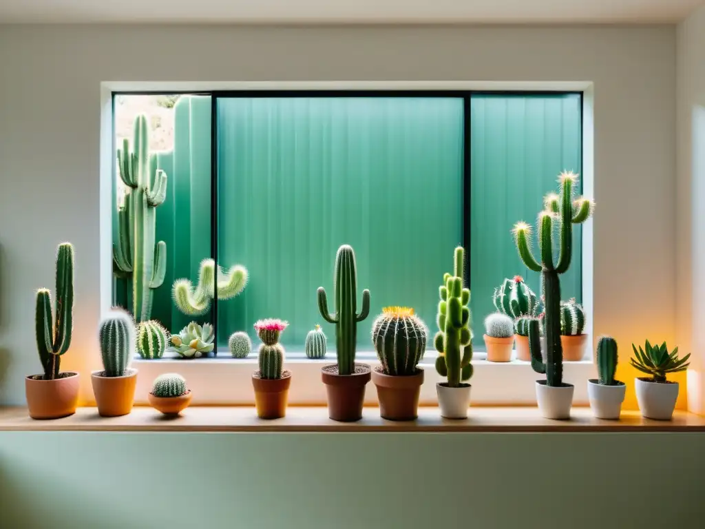 Espacio minimalista con cactus exóticos en estantes modernos