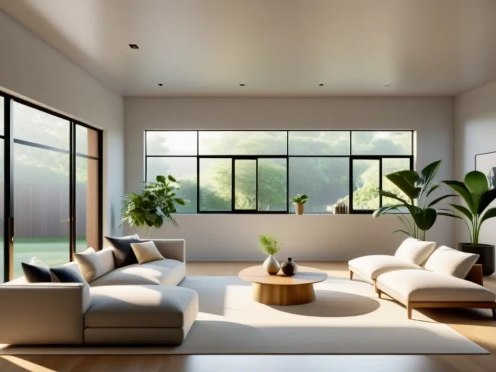 Espacio minimalista con luz solar perfecta en interiores, muebles modernos y plantas estratégicamente colocadas