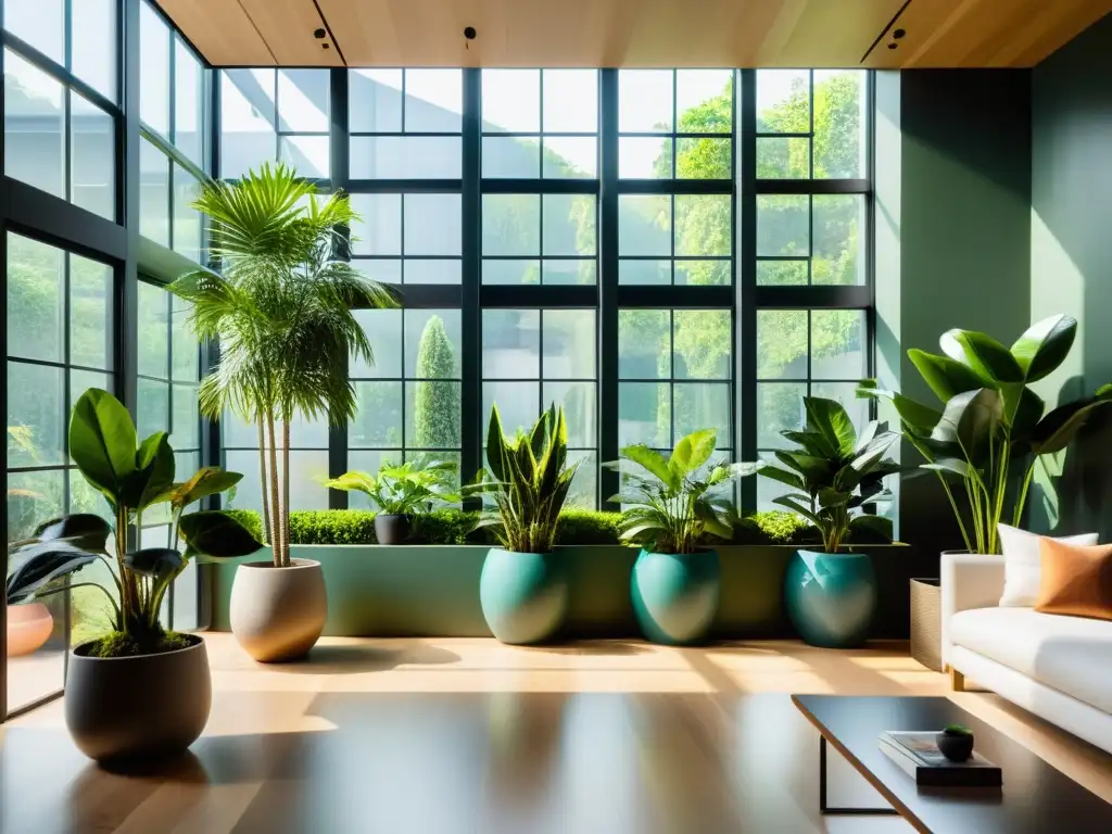 Un espacio minimalista y moderno lleno de plantas purificadoras de aire en macetas contemporáneas, bañado por luz natural