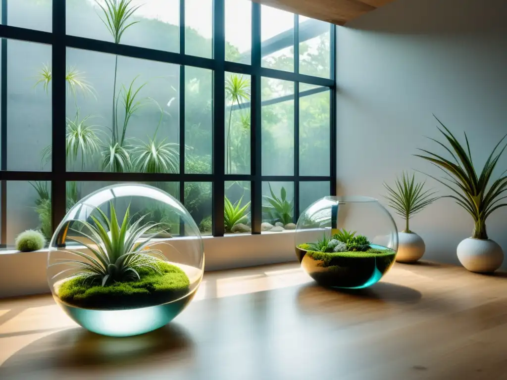 Espacio minimalista con plantas aéreas para decoración interior en terrarios de vidrio, creando un ambiente tranquilo y sofisticado