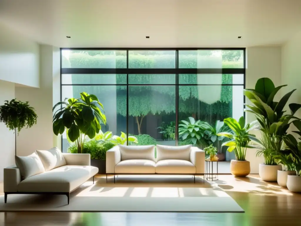 Espacio minimalista con plantas de interior combinadas según luz, creando armonía y equilibrio natural