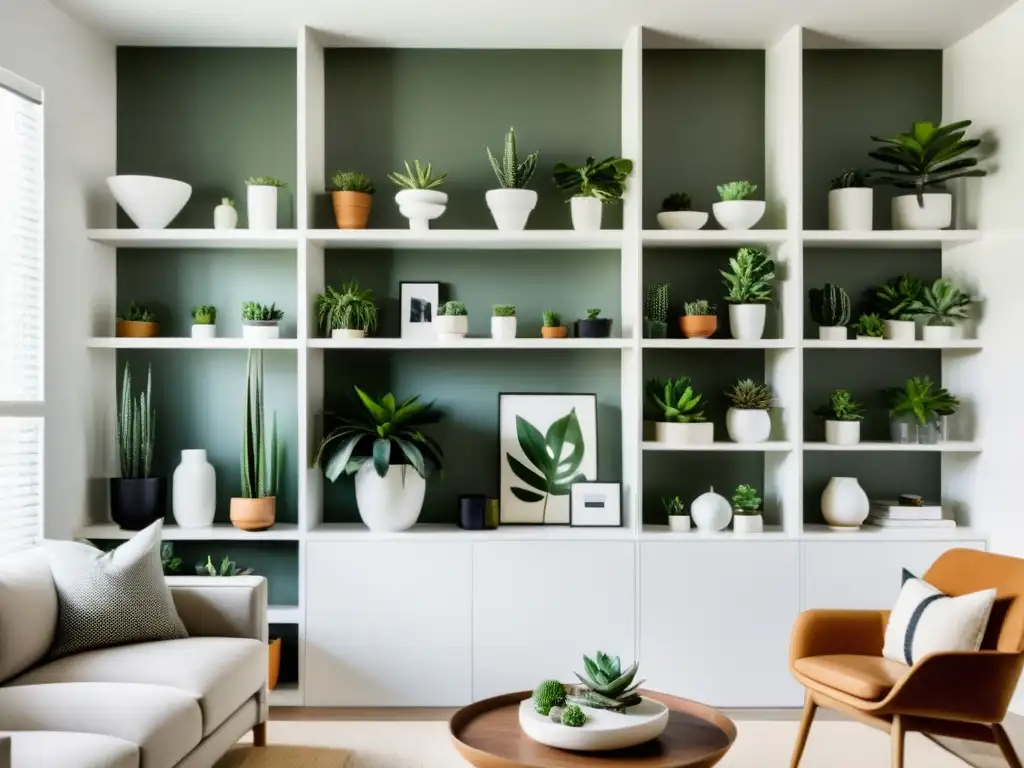 Espacio minimalista con plantas en estantes blancos, ventana grande y luz natural