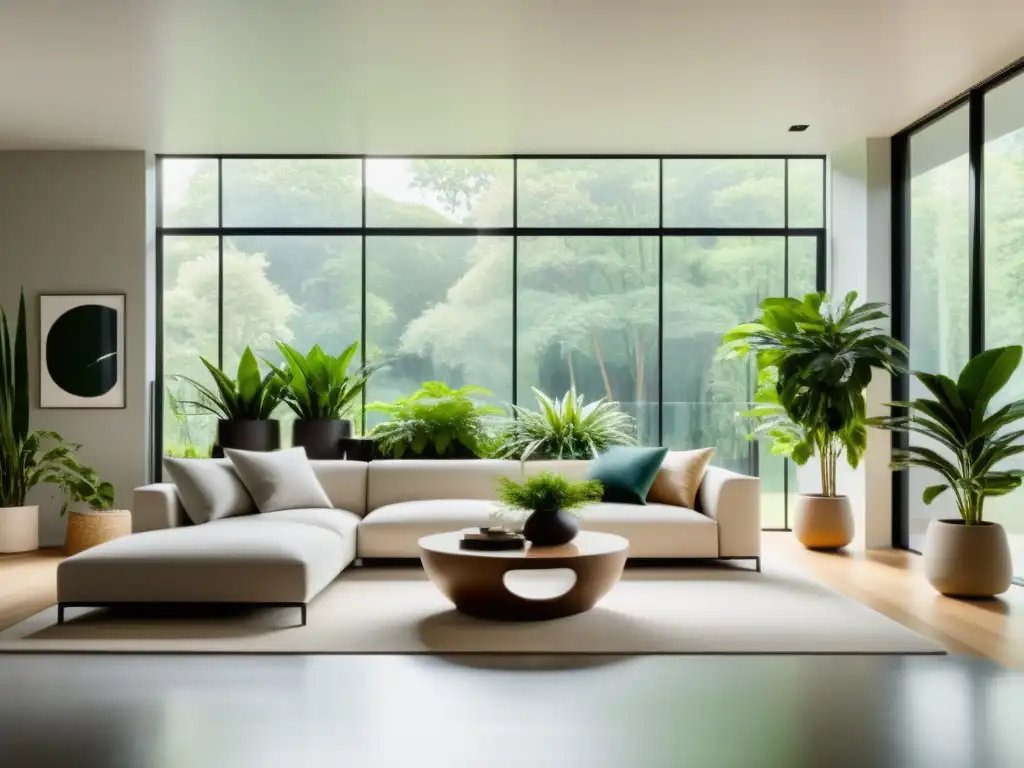 Espacio minimalista con plantas de interior para reducción de ruido, elegante y tranquilo