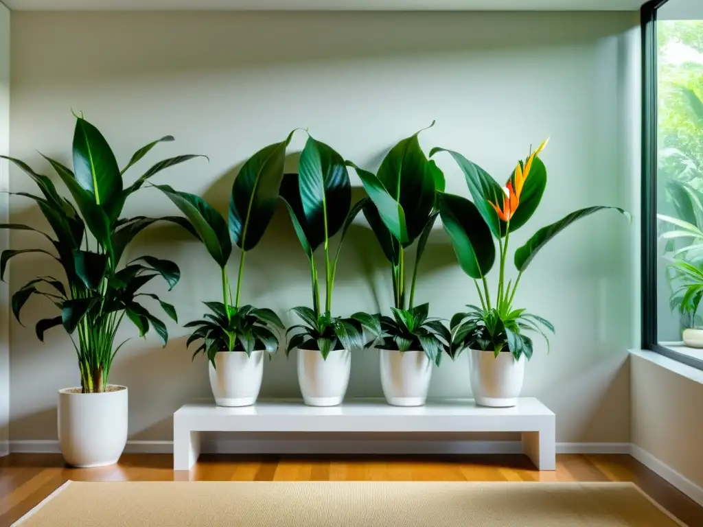 Espacio minimalista con plantas de interior para purificar aire, inundado de luz natural y atmósfera serena