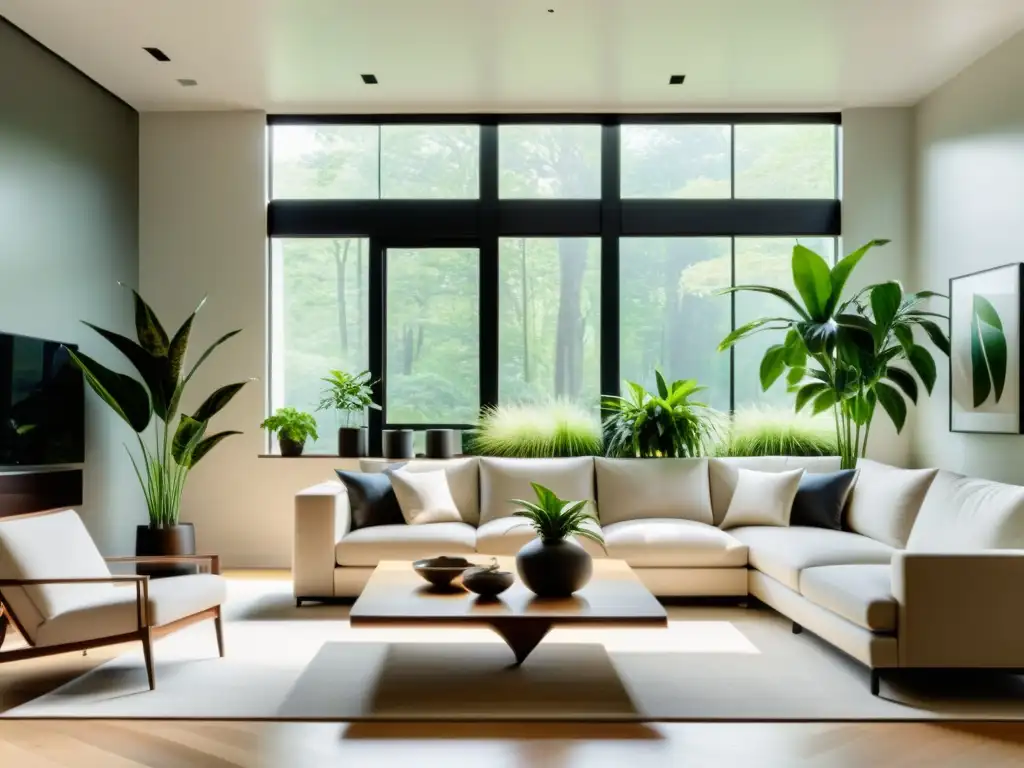 Espacio minimalista con plantas de interior para alergias domésticas, muebles modernos y ventana de piso a techo que deja entrar luz natural