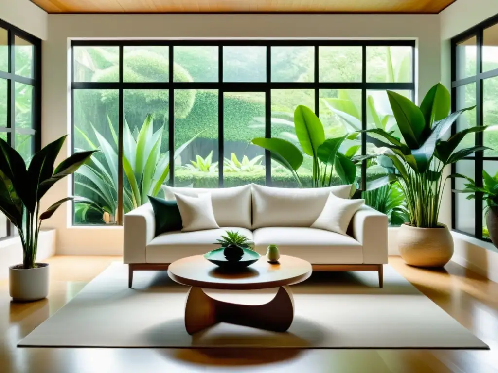 Espacio minimalista con plantas de interior para Feng Shui, iluminado por luz natural y vista al jardín exuberante