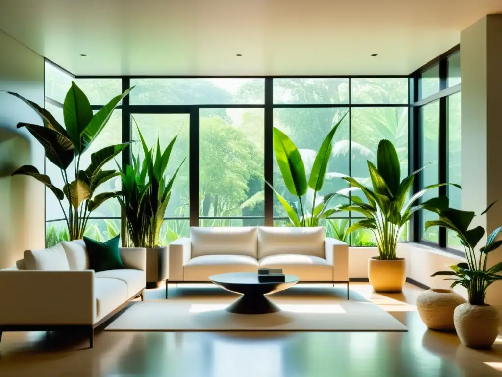 Espacio minimalista con plantas de interior purifican aire, mobiliario moderno y luz natural