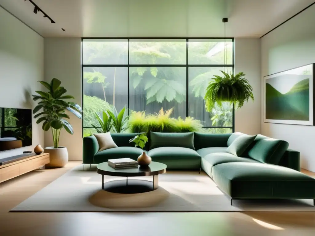 Espacio minimalista con plantas de interior purifican aire, iluminado por ventana alta y luz natural