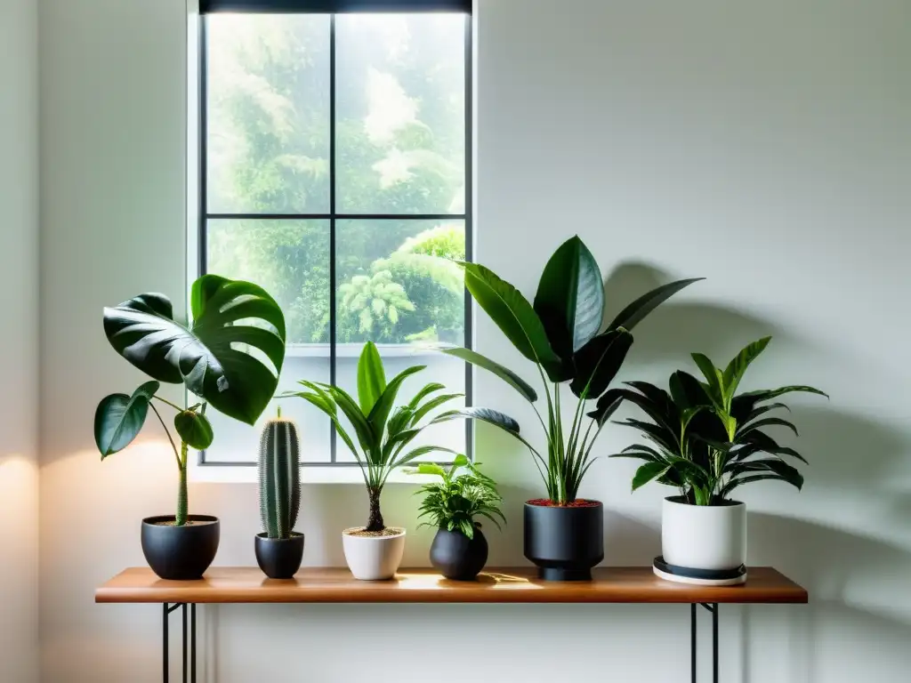 Espacio minimalista con plantas de interior para purificar, elegancia moderna y serenidad