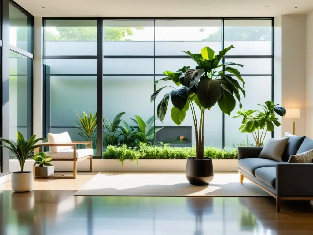 Espacio minimalista con plantas de interior 2022, ventana grande que deja entrar luz natural y un jardín interior vibrante y elegante