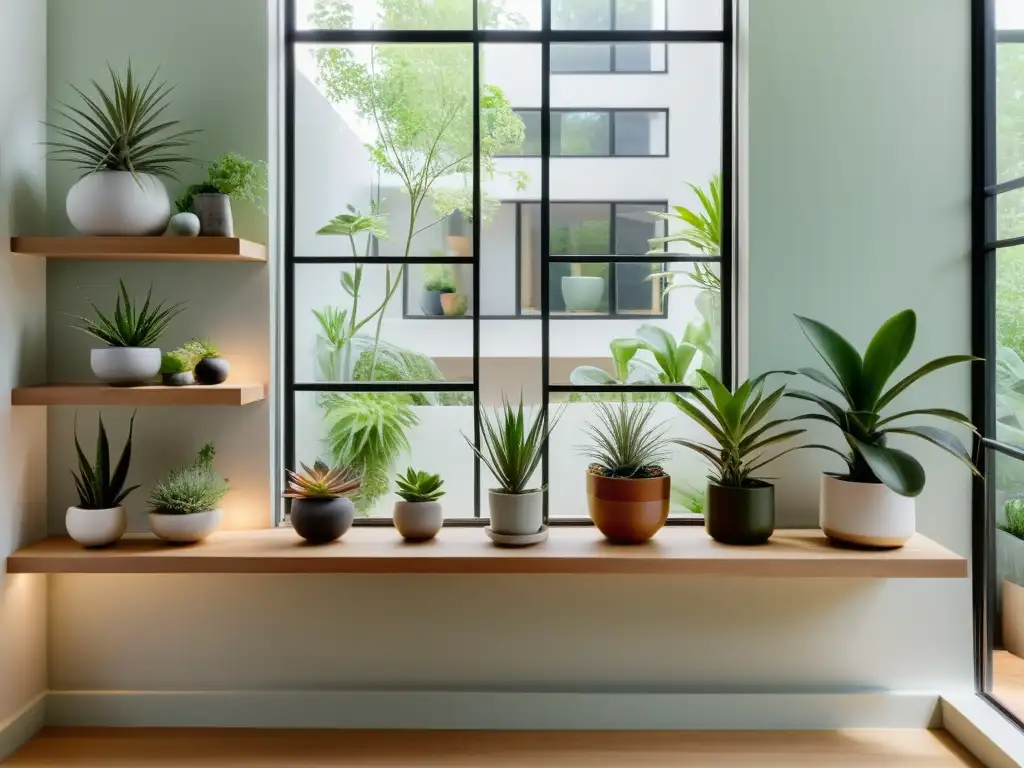 Un espacio minimalista con plantas de interior de bajo mantenimiento en estantes modernos, iluminado por luz natural suave