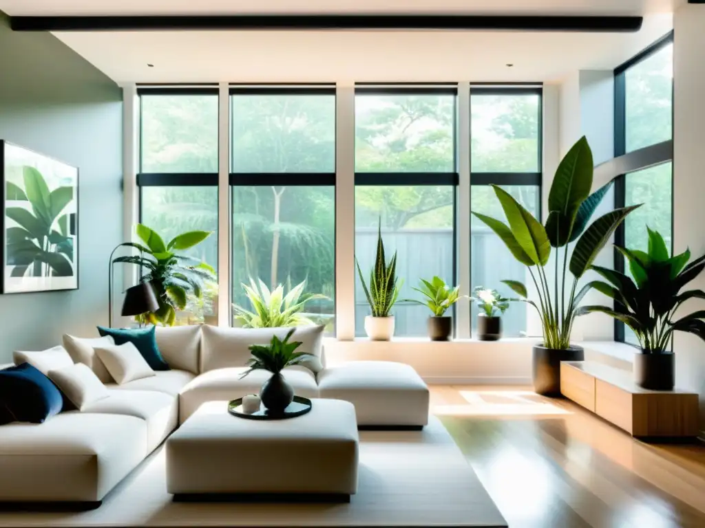 Espacio minimalista con plantas de interior para purificar aire en una sala moderna y luminosa