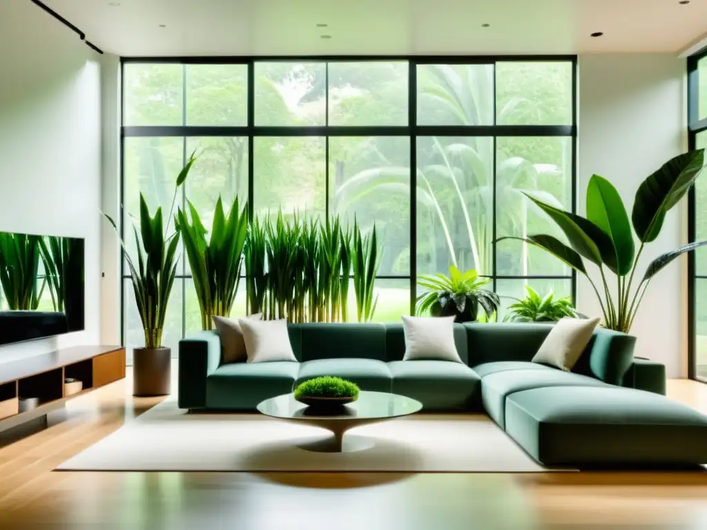 Espacio minimalista con plantas de interior desintoxicantes naturales, inundado de luz natural y tranquilidad