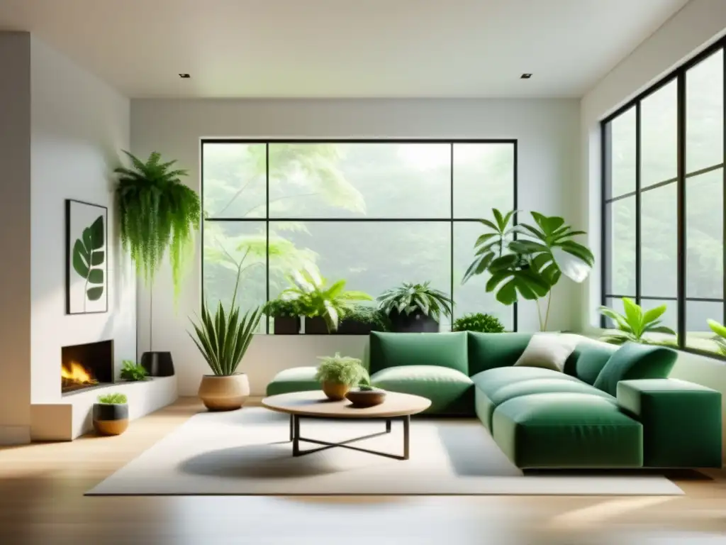 Espacio minimalista con plantas de interior, creando un ambiente sereno y acogedor