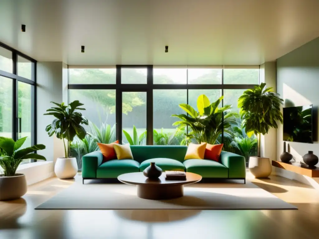 Espacio minimalista con plantas de interior vibrantes, creando un ambiente sereno