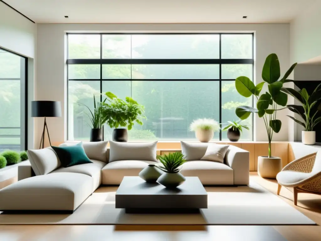 Espacio minimalista con plantas purificadoras aire entornos urbanos, luz natural y sofisticación serena