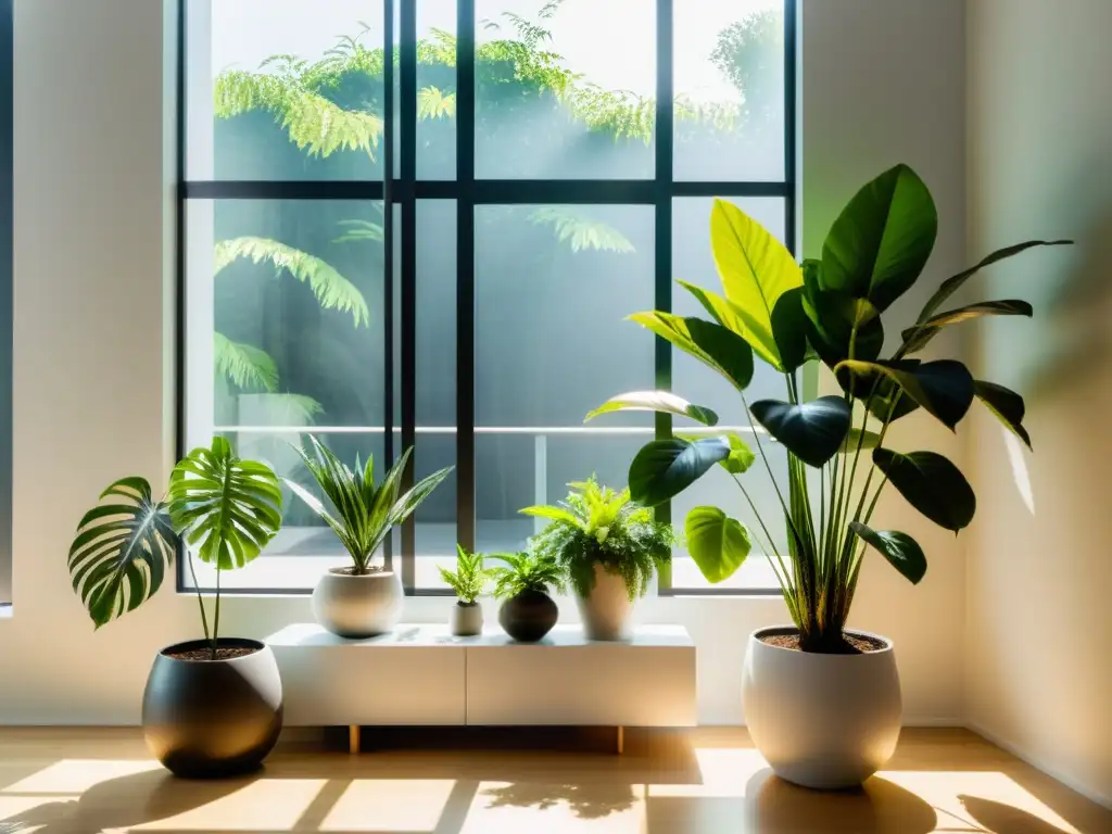 Un espacio minimalista y sereno con plantas de interior que evocan tranquilidad y mindfulness