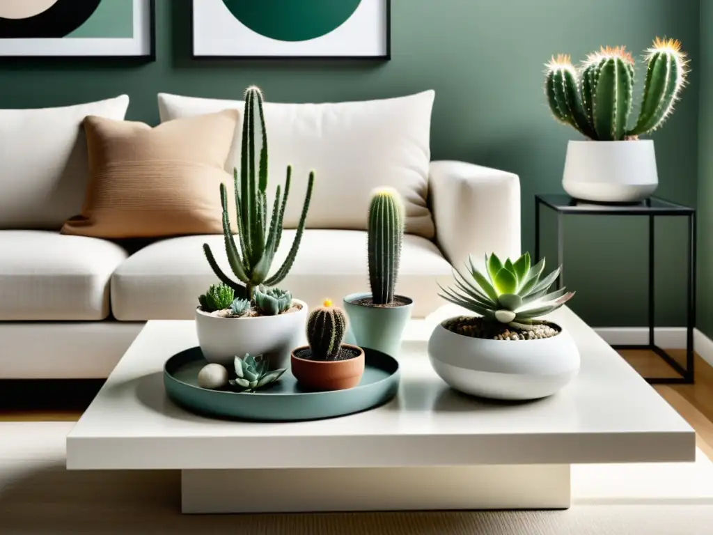 Un espacio minimalista con cactus y suculentas cuidadas en interiores