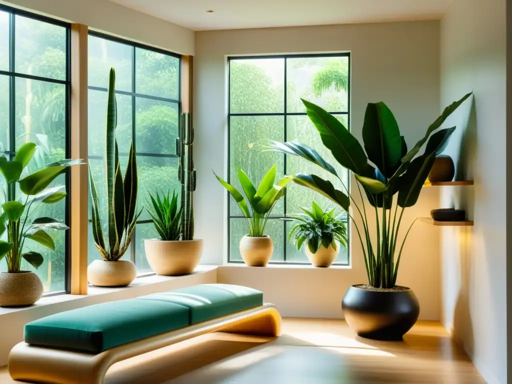 Un espacio minimalista con ubicación estratégica de plantas según principios Feng Shui, promoviendo equilibrio y calma