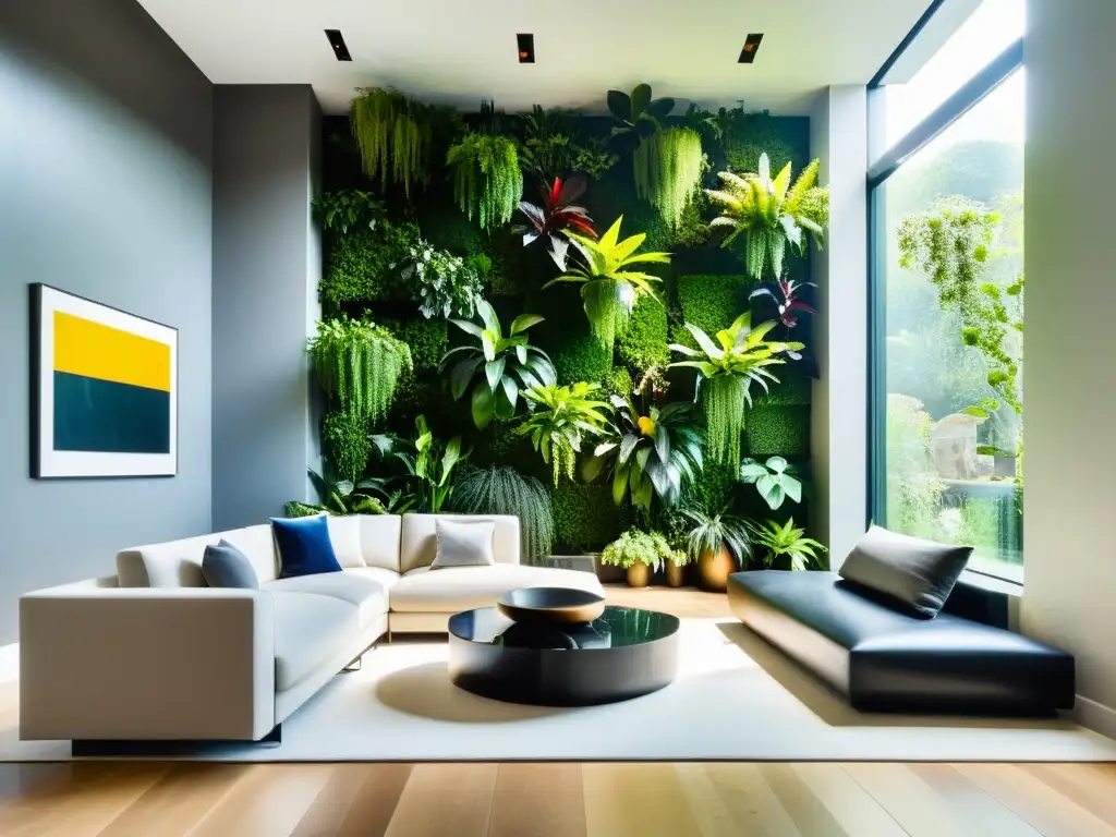 Espacio minimalista con jardín vertical de plantas, fusionando naturaleza y decoración interior