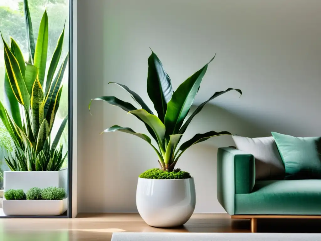 Un espacio moderno y elegante con una sansevieria vibrante, aportando frescura y purificación al ambiente