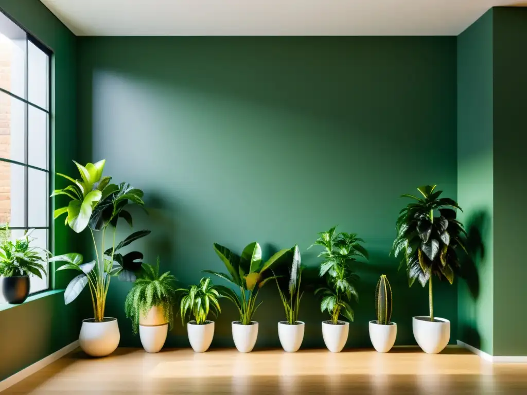 Un espacio moderno y bien iluminado con plantas de interior sin sol, creando un ambiente sereno y refrescante